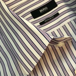 Hugo Boss Men’s Dress Shirt-White w/Purple stripes